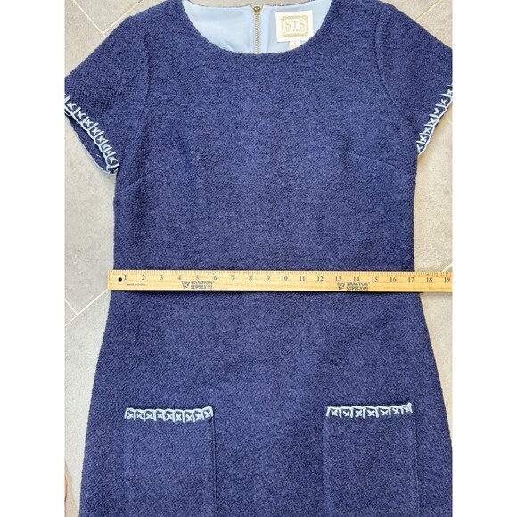 STS Sail to Sable Dark Blue Tweed Wool Blend Shift Dress Size 8 Short Sleeve - Picture 5 of 14